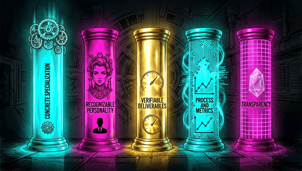 Cinco pilares de neón brillante en un vacío cyberpunk oscuro e infinito, marcados con iconos que representan especialización concreta, personalidad reconocible, entregables verificables, proceso y métricas, y transparencia.