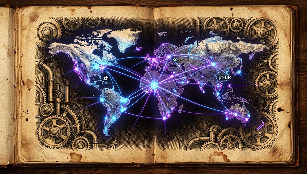 Un mapa de red global e interconectado flotando en un espacio cyberpunk oscuro, con nodos neón brillantes que representan traducciones y bifurcaciones comunitarias, conectados a un núcleo central con etiquetas holográficas como "zh", "ko" y "pt-BR".