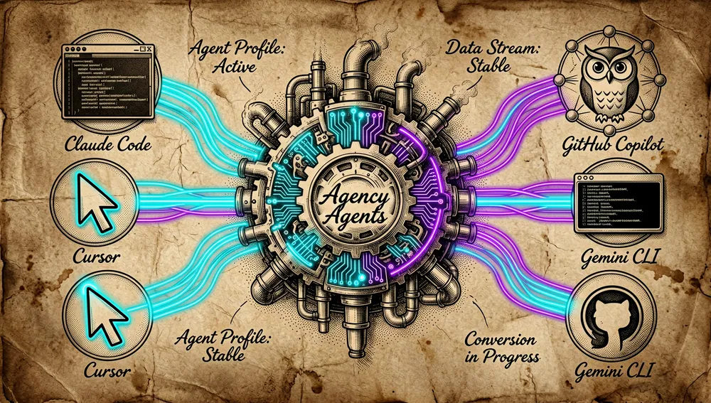 Un panel futurista en modo oscuro mostrando un ecosistema de herramientas de IA: logos holográficos de Claude Code, GitHub Copilot, Cursor y Gemini CLI dispuestos en círculo alrededor de un núcleo central pulsante de Agency Agents, con flujos de datos neón conectándolos.