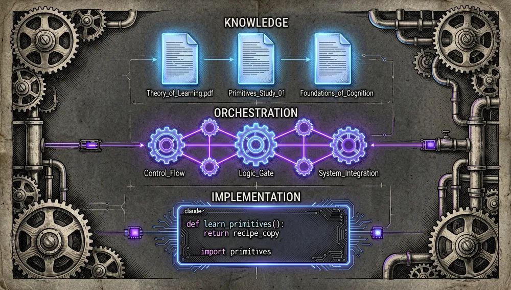 Futuristic dark-mode diagram showing three separate, glowing layers: documented knowledge on top, connected orchestration gears in the middle, and implementation code blocks under .claude/ at the bottom.