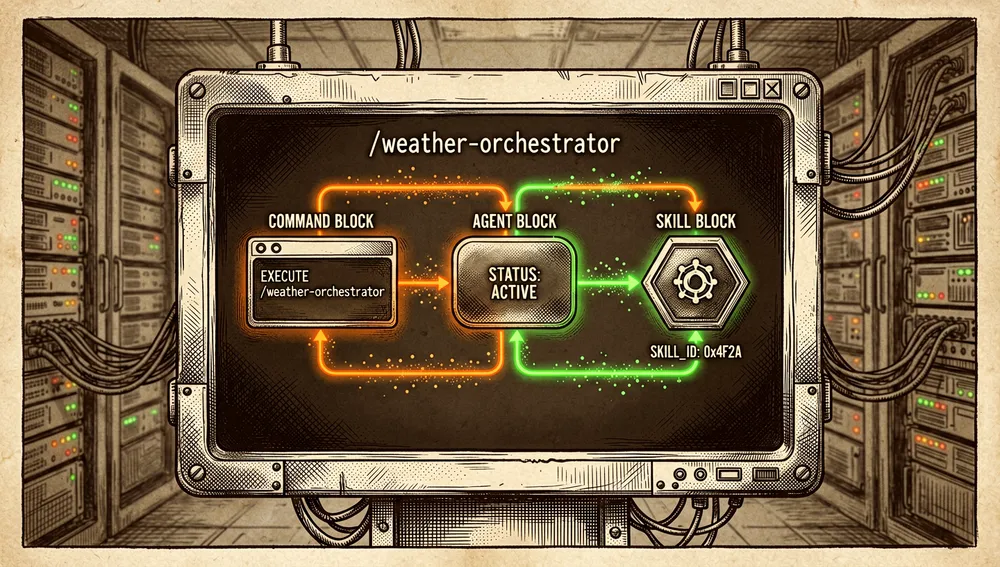 Cyberpunk dark-mode terminal showing the flow of the /weather-orchestrator example: a command block triggers an agent block, which in turn activates a skill block, connected by neon orange and green data lines.