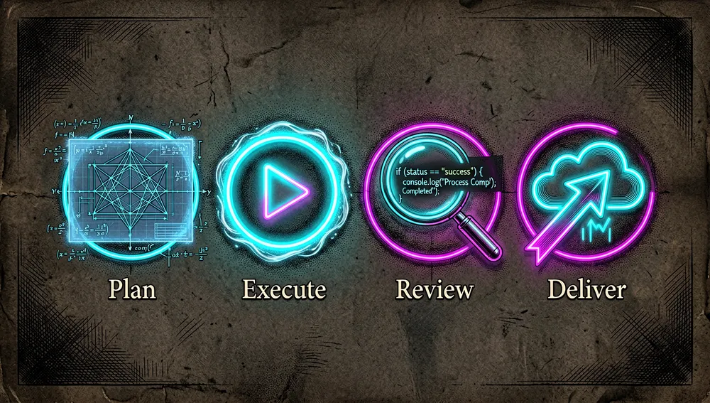 Four neon icons arranged in a circular flow on a dark background, representing planning, executing, reviewing, and delivering: a holographic blueprint, a glowing play button, a magnifying glass over code, and an upload arrow.
