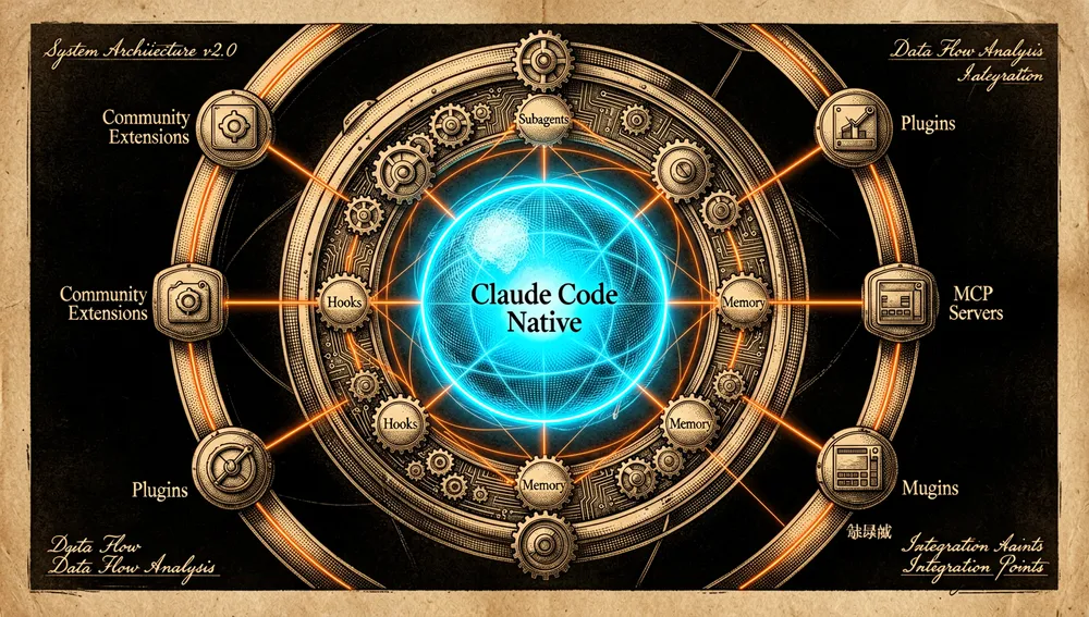 Visualization of a glowing core labeled Claude Code Native surrounded by orbital rings: the inner rings show native primitives like subagents, hooks, and memory, and the outer rings show community extensions and MCP servers.