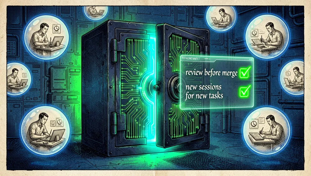 High-tech dark-mode illustration of a digital vault door securing a glowing stream of context, next to a holographic checklist with green neon checkmarks for reviewing before merging, and isolated subagents working in separate digital bubbles.