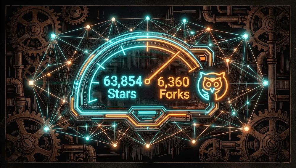 Futuristic holographic dashboard showing glowing neon statistics: 63,854 stars and 6,360 forks, floating above a dark, reflective surface with the GitHub logo integrated.