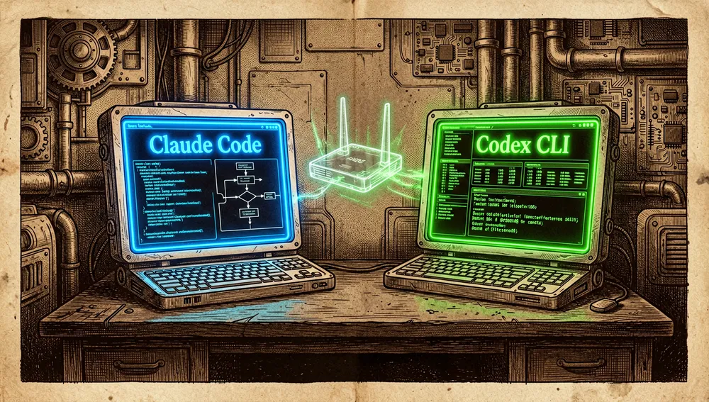 Two futuristic terminals side by side on a dark desk: one shows Claude Code in neon blue for planning, the other shows Codex CLI in neon green for quality review, connected by a holographic router.