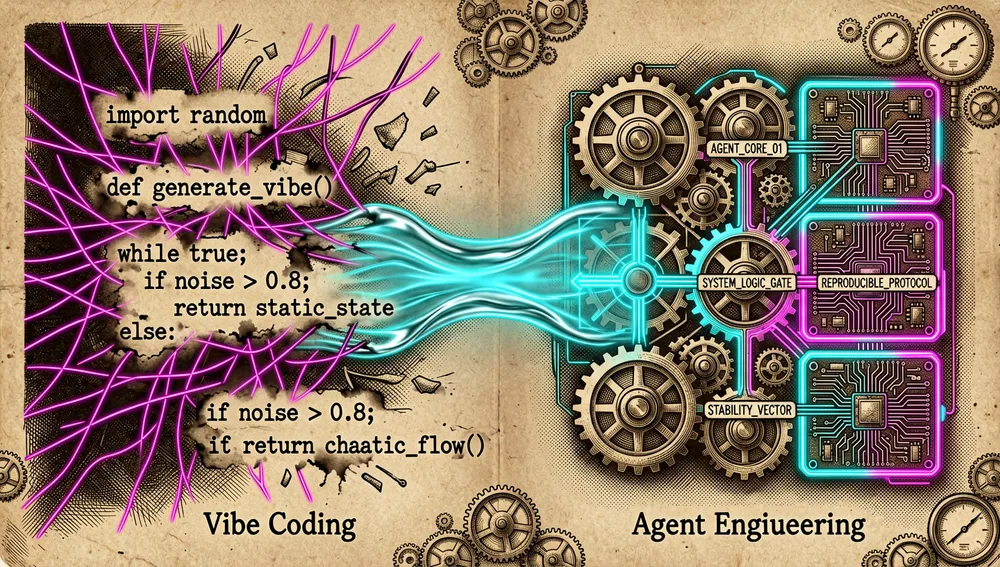 Abstract dark-mode image showing the transition from chaotic neon lines and scattered code fragments on the left toward an organized, geometric digital architecture on the right, representing the shift from improvisation to agent engineering.