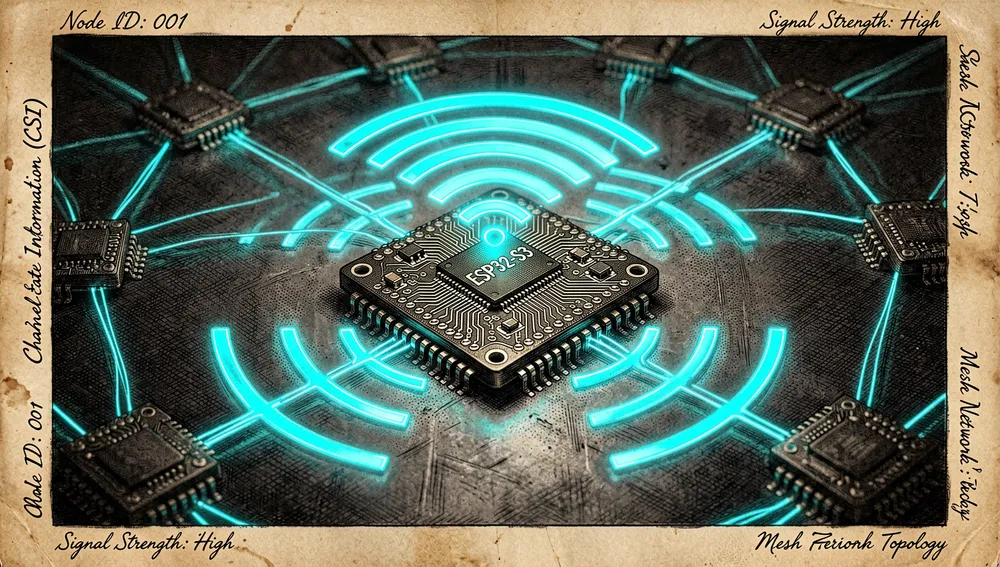 Close-up of an ESP32-S3 node emitting neon-cyan WiFi signals that form a mesh network with other nodes, visualizing Channel State Information (CSI) as pulsing geometric wavefronts.
