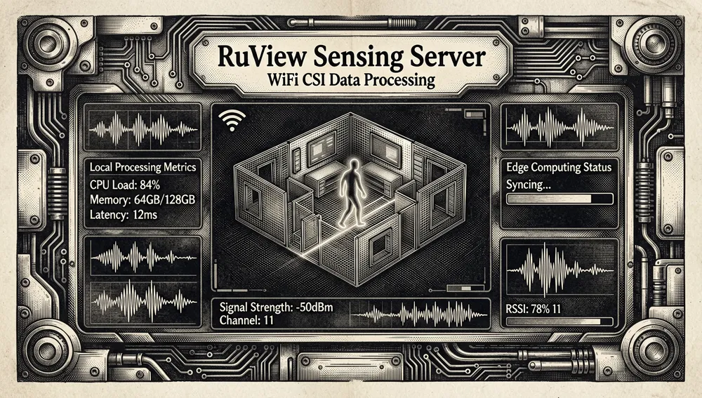 Futuristic dark-mode server dashboard showing RuView processing WiFi CSI data, with neon green and orange data streams and a 3D room map showing a moving figure, with no cloud icons, emphasizing edge computing.