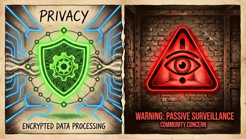 Split illustration: on the left a neon shield symbolizing camera-free privacy; on the right a warning sign with an eye made of WiFi waves symbolizing concern over passive surveillance.