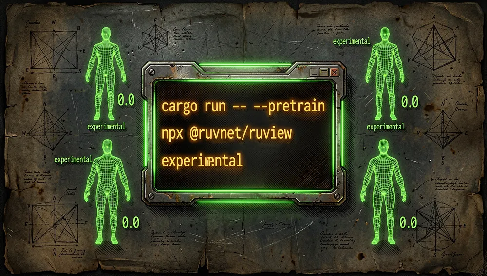 Futuristic command-line terminal showing Rust code and commands like cargo run -- --pretrain and npx @ruvnet/ruview, with holographic 17-point human pose models labeled experimental and showing zero confidence.