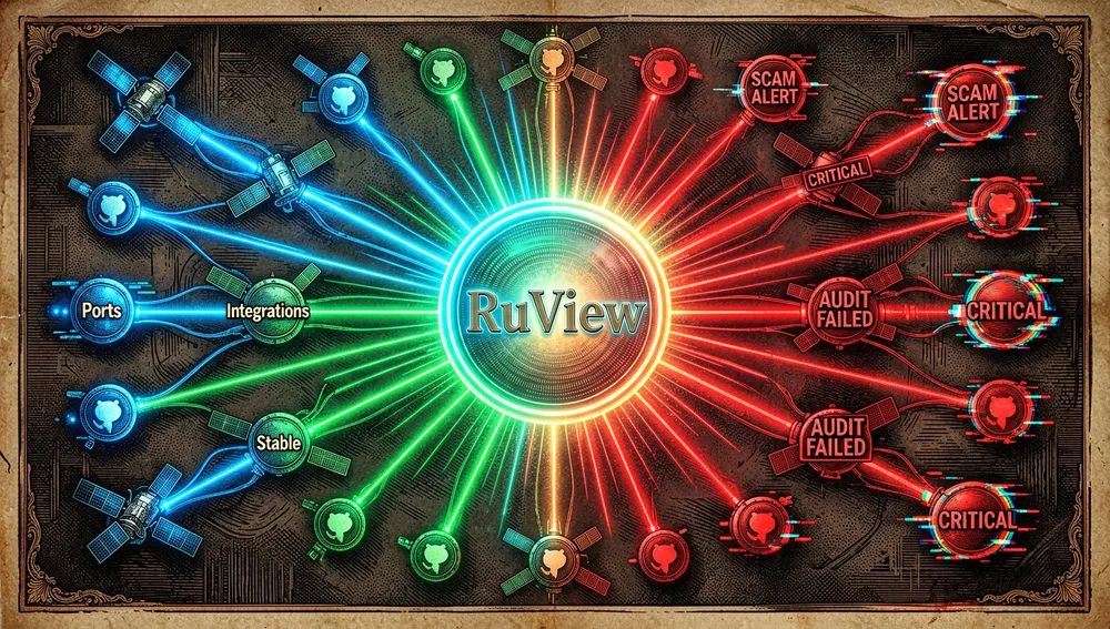Central neon core labeled RuView connected to satellite nodes representing community forks and ports; one side shows blue and green integration connections, the other flickering red nodes with warning signs symbolizing the "SCAM ALERT" criticism.