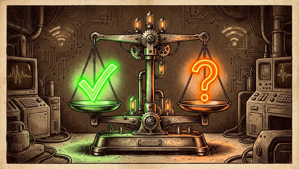A digital scale comparing a bright green neon checkmark, representing measured capabilities and local calibration, against a glowing orange neon question mark, representing experimental and pending features.