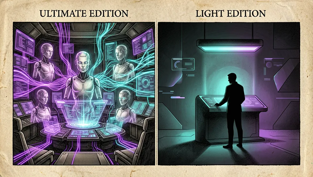 Visueller Vergleich zweier Umgebungen: ein futuristisches Kommandozentrum mit mehreren holografischen Agenten für die Ultimate-Edition und ein minimalistisches Einzelbediener-Terminal für die Light-Edition.