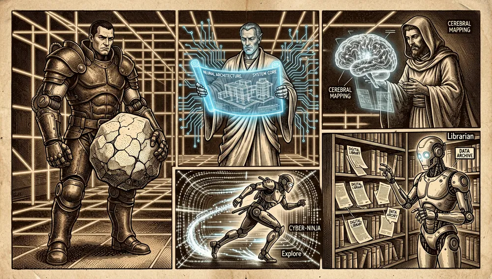 Fünf neonfarbene Figuren stellen die spezialisierten Agenten Sisyphus, Prometheus, Oracle, Librarian und Explore in einem futuristischen Raster dar.