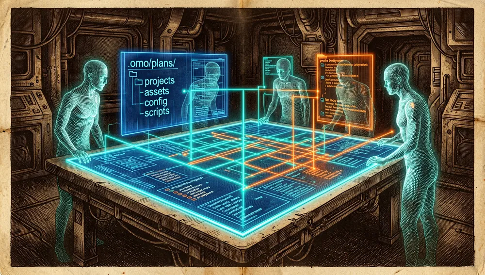 Futuristischer holografischer Tisch mit Plänen, Dateibäumen und schwebenden .omo/plans/-Verzeichnissen, die von durchscheinenden KI-Entitäten geprüft werden.