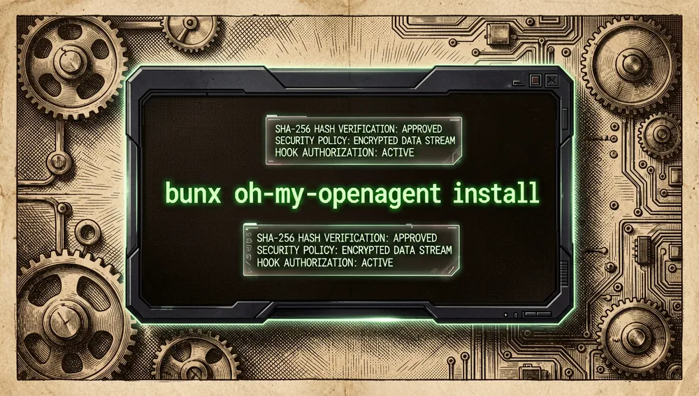 Terminal im Dark Mode, das den Installationsbefehl bunx oh-my-openagent install zusammen mit holografischen Warnungen zur SHA-256-Hook-Genehmigung zeigt.
