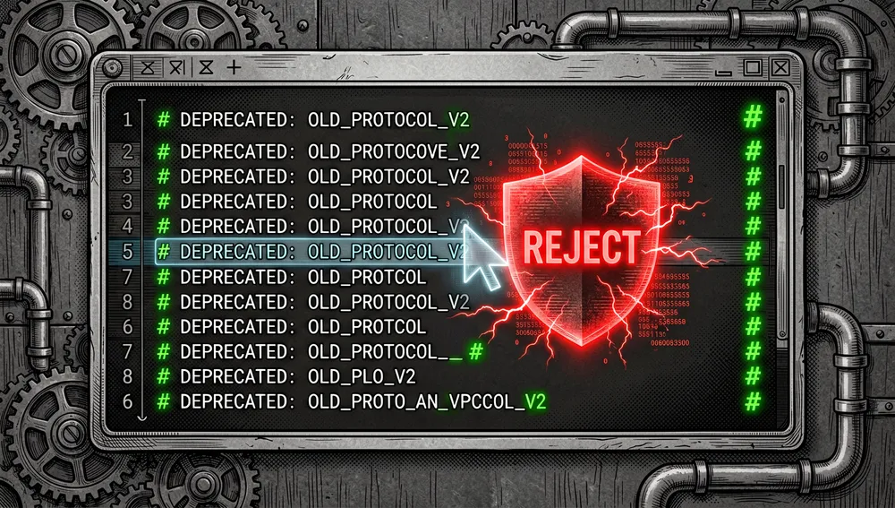 Futuristischer Code-Editor, in dem jede Zeile einen Neon-Inhalts-Hash trägt; ein KI-Cursor versucht, eine veraltete Zeile zu bearbeiten, und ein leuchtend rotes holografisches Schild lehnt die Änderung ab.