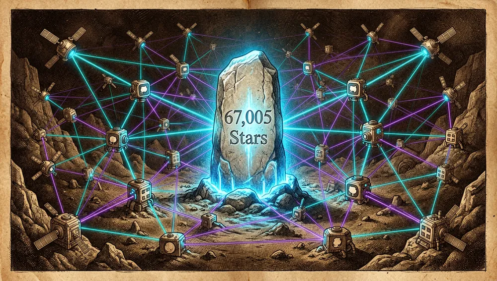 Neon-Monolith mit der Inschrift „67.005 Sterne", umgeben von Satellitenknoten, die Community-Forks, Plugins und Adaptionen in einem weitläufigen Netzwerk darstellen.