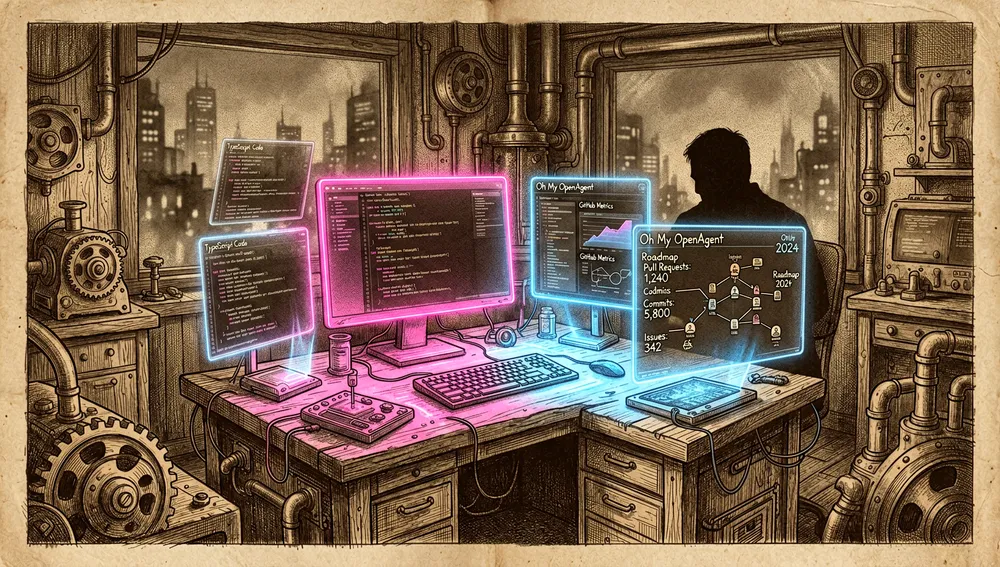 Cyberpunk-Arbeitsplatz mit holografischen Bildschirmen, die TypeScript-Code, GitHub-Metriken und ein Roadmap-Dokument zeigen, im Hintergrund die Silhouette eines Hackers in Seoul.