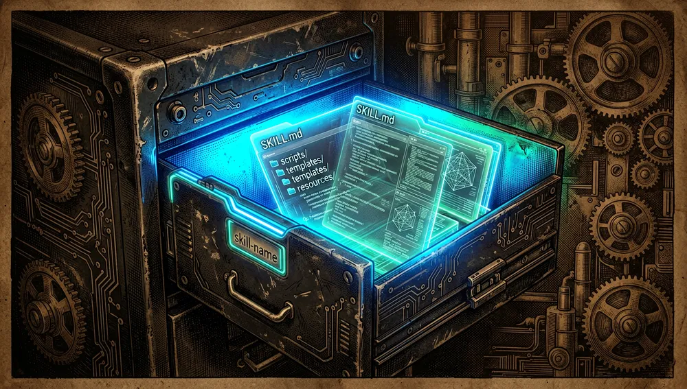 Folder structure of a skill with SKILL.md, scripts, templates, and resources in a futuristic filing cabinet