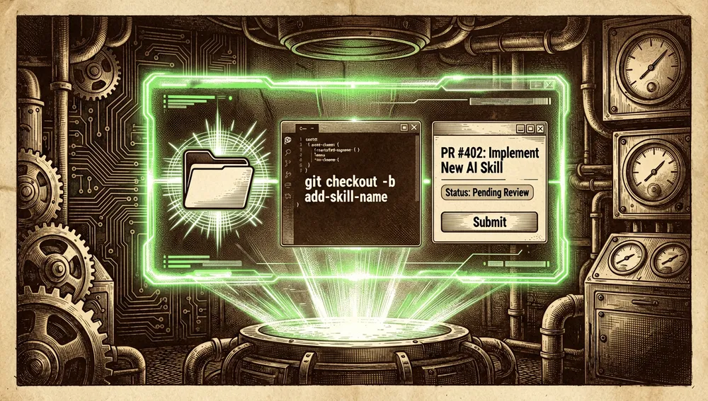 Holographic terminal showing the contribution steps: create a branch, add the skill folder, and open a pull request