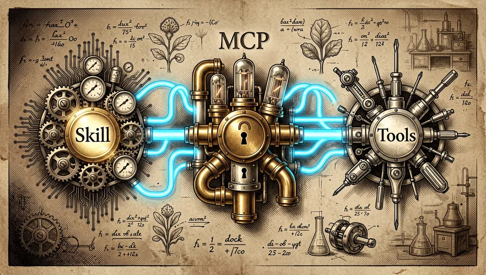 Representation of the format's three layers: the skill that defines the flow, MCP that handles the connection, and the tools the agent invokes