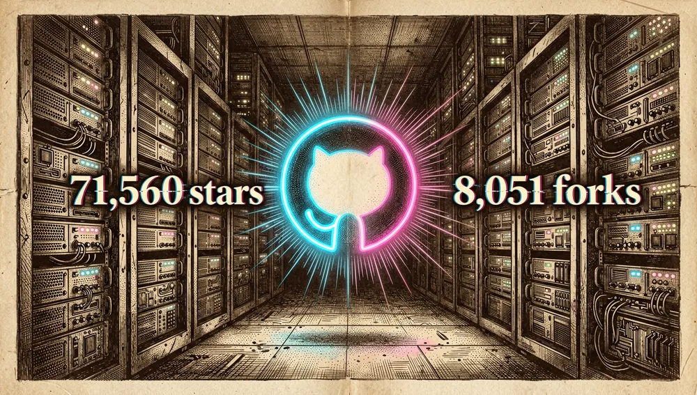 Futuristic server racks with the repository's star and fork counts next to the GitHub logo