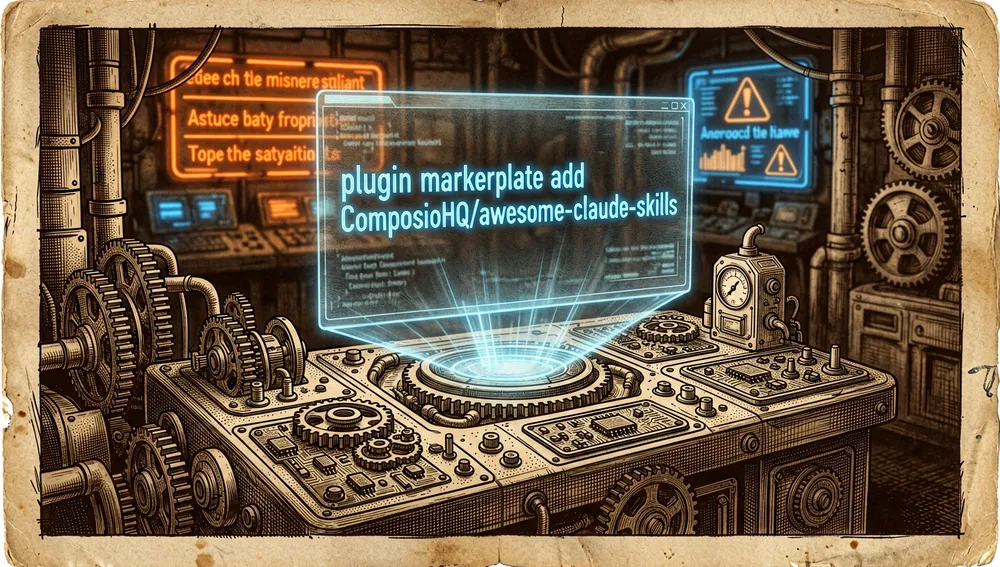 Terminal showing the command to add Awesome Claude Skills' independent marketplace in Claude Code, with warnings about its semi-official status