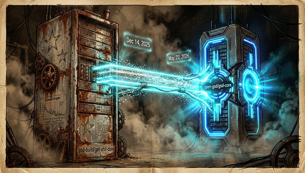 Cyberpunk migration scene: a weathered server tower labeled gsd-build/get-shit-done connected by a neon data bridge to a bright new core labeled open-gsd/gsd-core, with the dates Dec 14, 2025 and May 22, 2026 floating nearby.