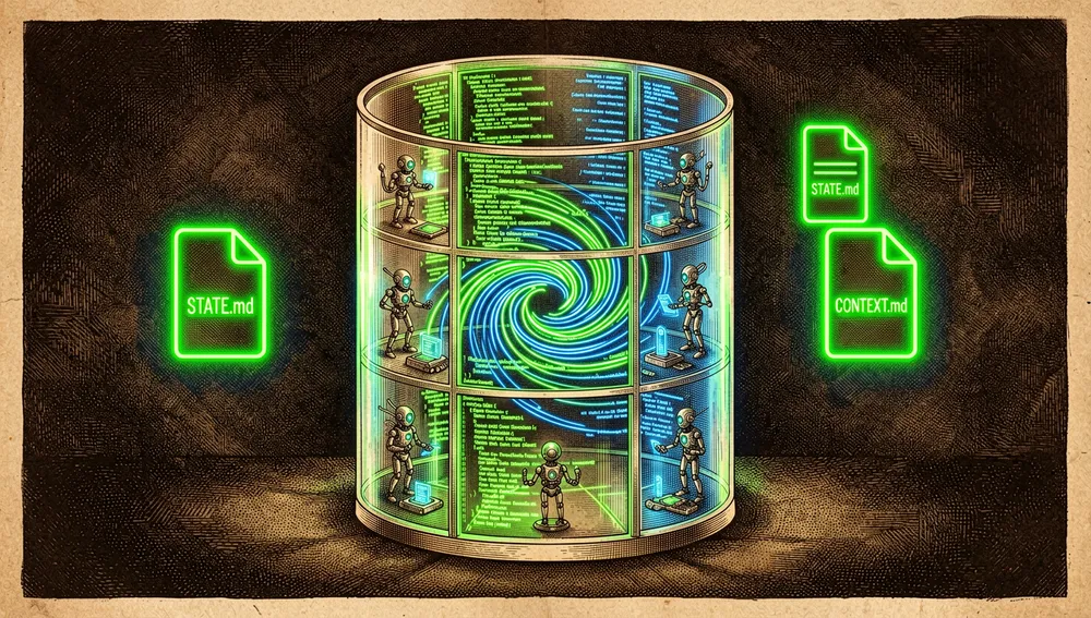 Translucent context window split into isolated chambers with agents processing tasks, alongside the STATE.md and CONTEXT.md files glowing in neon green.