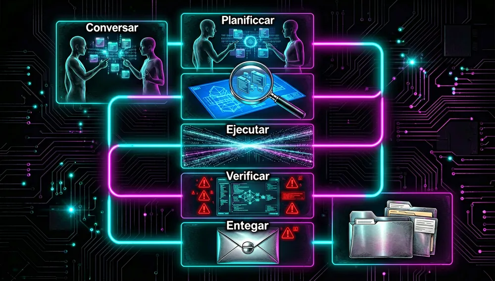Five-panel holographic infographic representing the Converse, Plan, Execute, Verify, and Deliver phases, connected by a looping neon line.