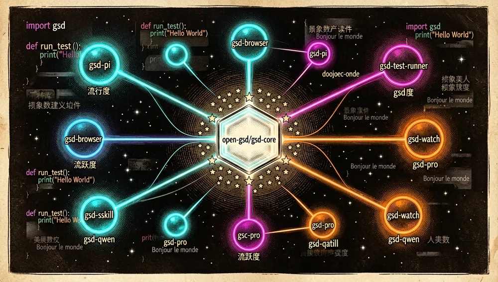 Glowing hexagonal core of open-gsd/gsd-core surrounded by satellite nodes representing repositories such as gsd-pi, gsd-browser, gsd-test-runner, gsd-pro, and gsd-watch.