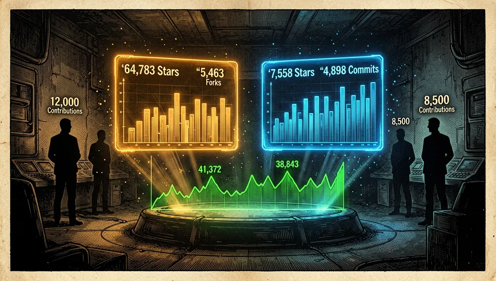 Dashboard with two holographic bar charts comparing the historical repository's and the active repository's metrics, alongside an npm downloads chart.