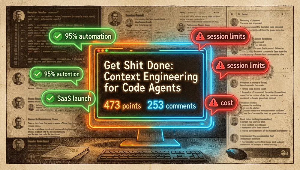Hacker News terminal with a point counter ticking up to 473 and comment bubbles mixing favorable reactions with criticism about cost and session limits.