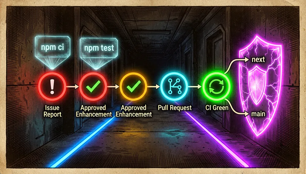 Cyberpunk flow diagram of the contribution process: an issue report advances to an approved enhancement, a pull request, and finally a green CI status, with the next and main branches diverging at the end.