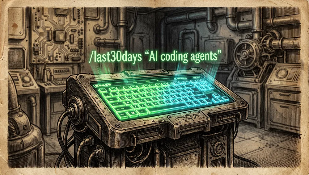 Futuristisches Terminal, das den Befehl /last30days "AI coding agents" in Neontext vor einem High-Tech-Labor-Hintergrund zeigt.