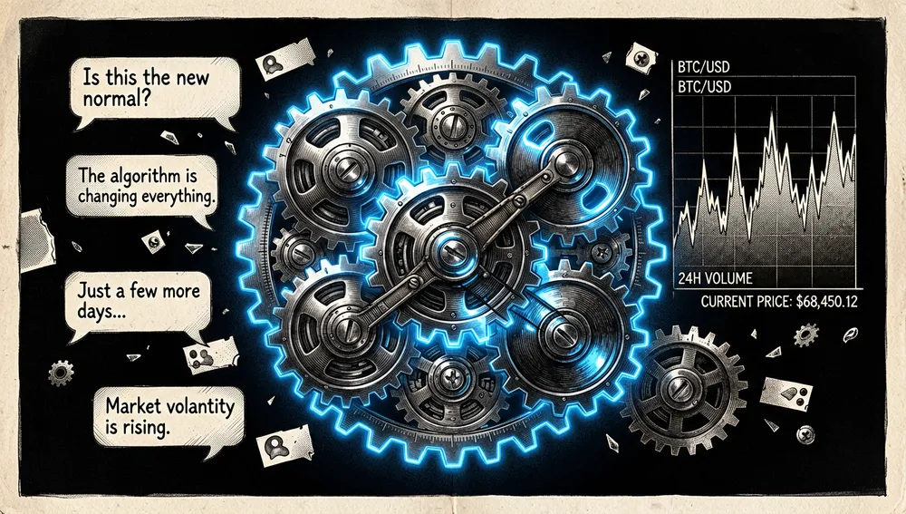 Digitaler Zahnradmechanismus, der eine unendliche Dreißig-Tage-Schleife bildet, umgeben von Fragmenten von Gesprächen und schwankenden Marktdiagrammen.