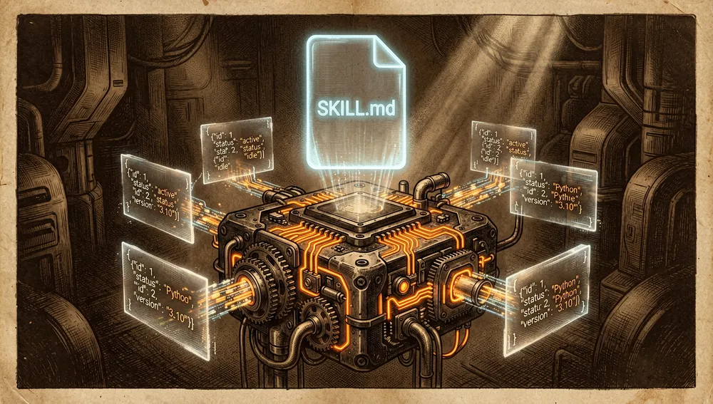 Holografisches SKILL.md-Dateisymbol, das über einem mechanischen Motor schwebt, der Daten in JSON-Strukturen verarbeitet.