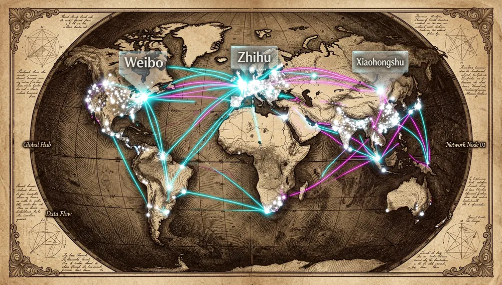 Futuristische digitale Karte mit verbundenen Knoten über Kontinente hinweg und Markierungen für Plattformen wie Weibo, Zhihu, Bilibili und Xiaohongshu.