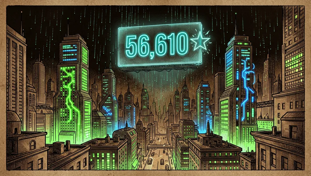 GitHub-Kontrollpanel, visualisiert als futuristische Stadt, mit einer holografischen Anzeigetafel, die die Zahl 56.610 Sterne zeigt.