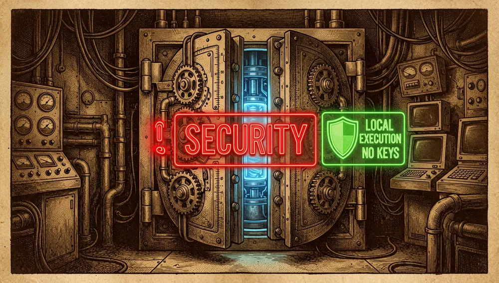 Futuristische Sicherheitstresortür, teilweise geöffnet, mit einer roten holografischen „SECURITY"-Warnung neben einem grünen Schutzschild.