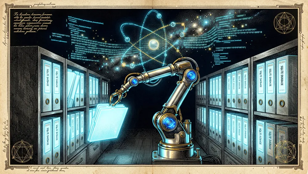 Digitaler Archivraum mit leuchtenden Aktenschränken, die SQLite-Datenbanken darstellen, und ein Roboterarm, der Berichte neben einem Atom-Feed-Symbol organisiert.