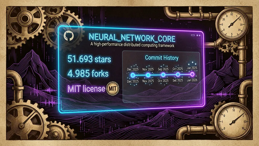 Panel de control de GitHub visualizado como una ciudad futurista, con nodos satélite interconectados representando listas comunitarias y proyectos derivados.