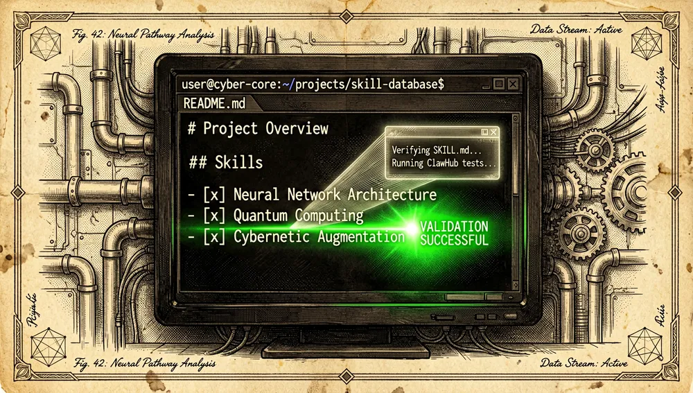 Flujo de trabajo de contribución en terminal oscura, con un escáner de seguridad holográfico verificando un archivo SKILL.md y las pruebas de ClawHub.