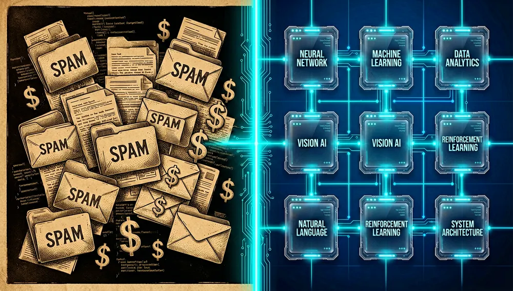 Visualización dividida en dos: a la izquierda un amasijo caótico de archivos y símbolos de criptomonedas desvaneciéndose; a la derecha una cuadrícula ordenada de módulos verificados.