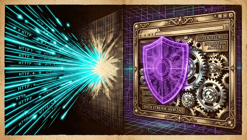 Composición dividida: a un lado un flujo de datos veloz atraviesa un muro digital representando una petición HTTP directa; al otro, una interfaz de navegador sigiloso con un escudo holográfico sorteando una verja de seguridad.