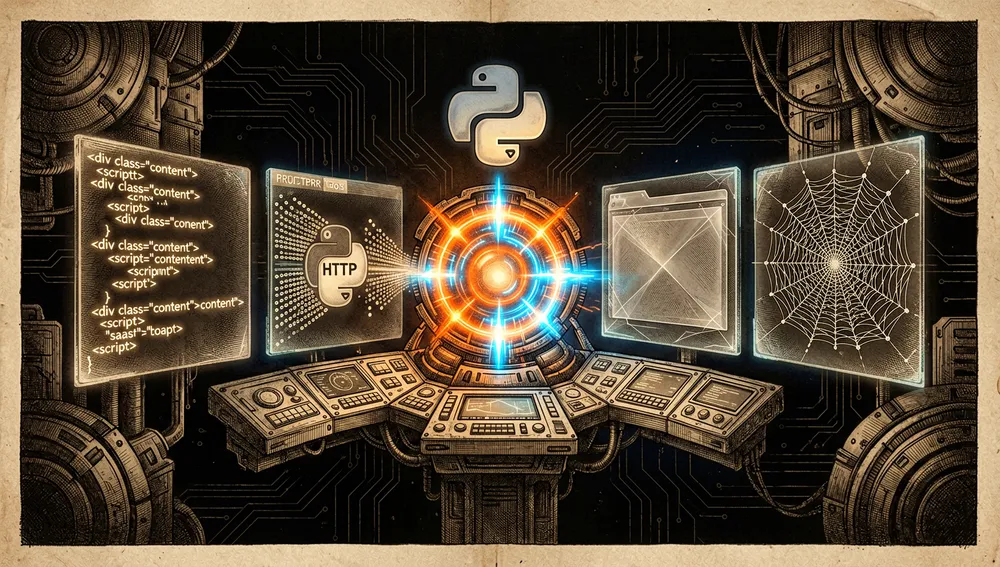 Panel de control futurista con cuatro paneles holográficos que representan un analizador HTML, un cliente HTTP, una máscara de navegador sigiloso y una red de araña, conectados a un núcleo central.