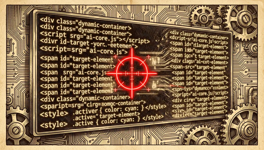 Escáner de IA con retícula de neón bloqueando un elemento brillante dentro de un muro de código HTML que se reorganiza a sí mismo.