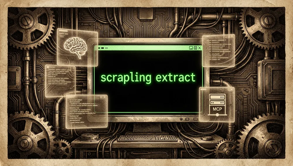 Terminal futurista con texto verde neón ejecutando scrapling extract, con paneles holográficos que muestran integración con un asistente de IA y un servidor MCP.